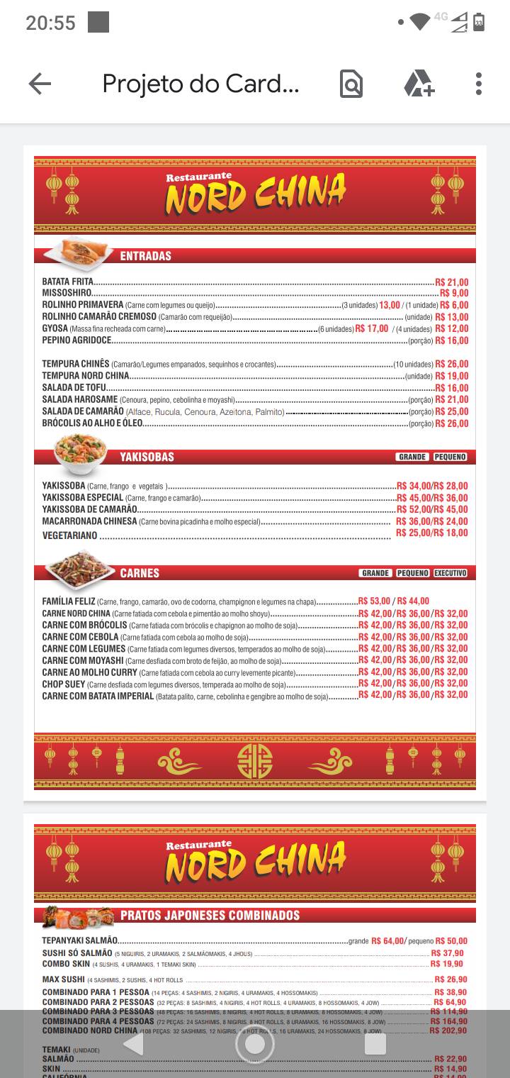 Restaurante Nord China cardápio