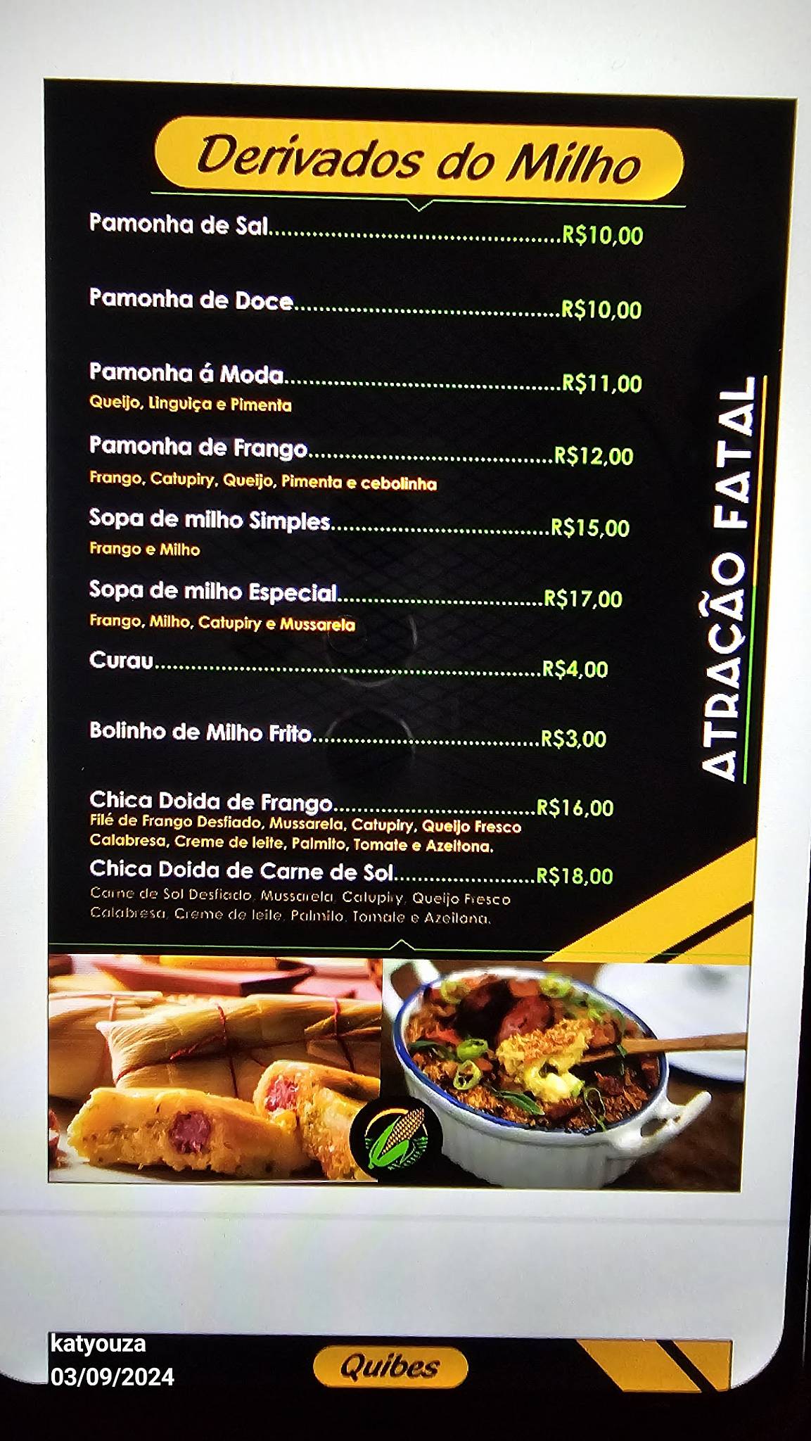 Atração Fatal cardápio