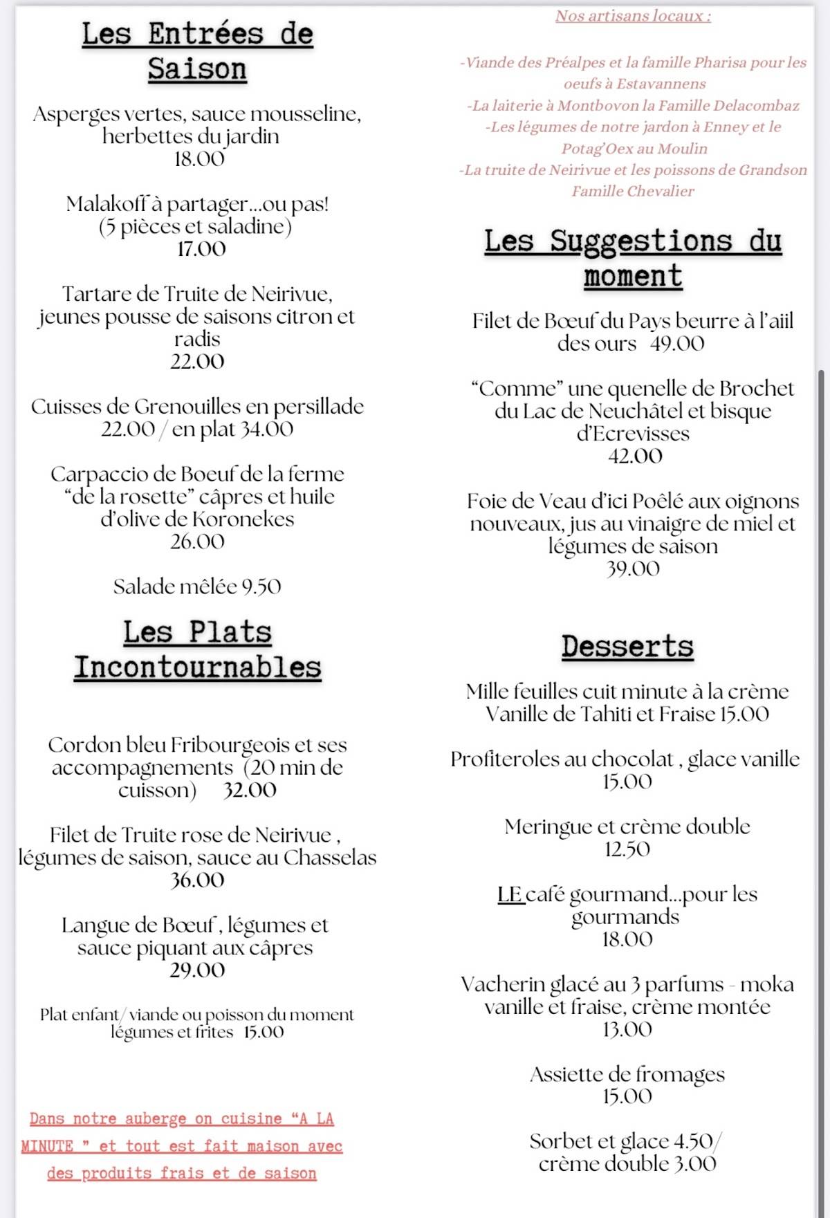 Menu di Auberge La Couronne Enney 