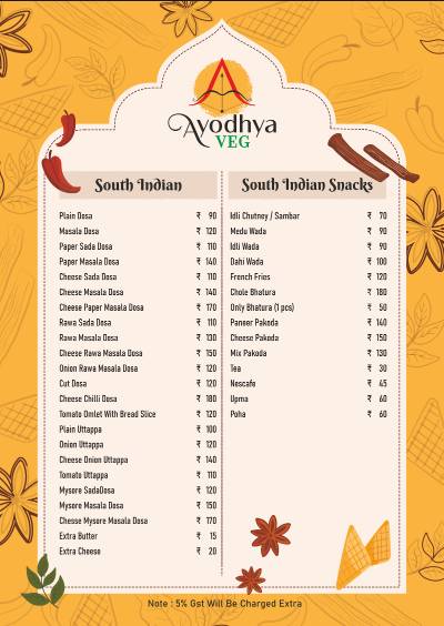 Ayodhya Veg menu