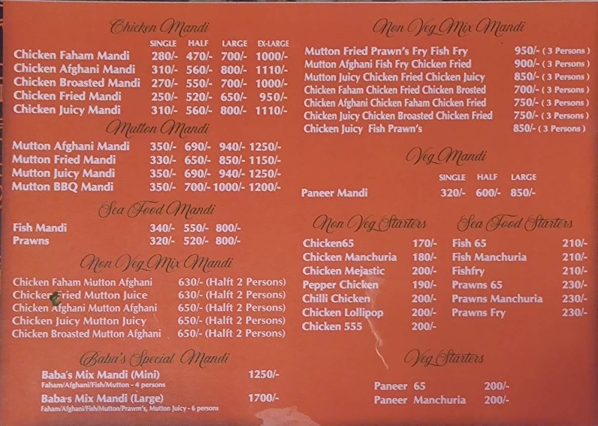 BABA'S MANDI menu