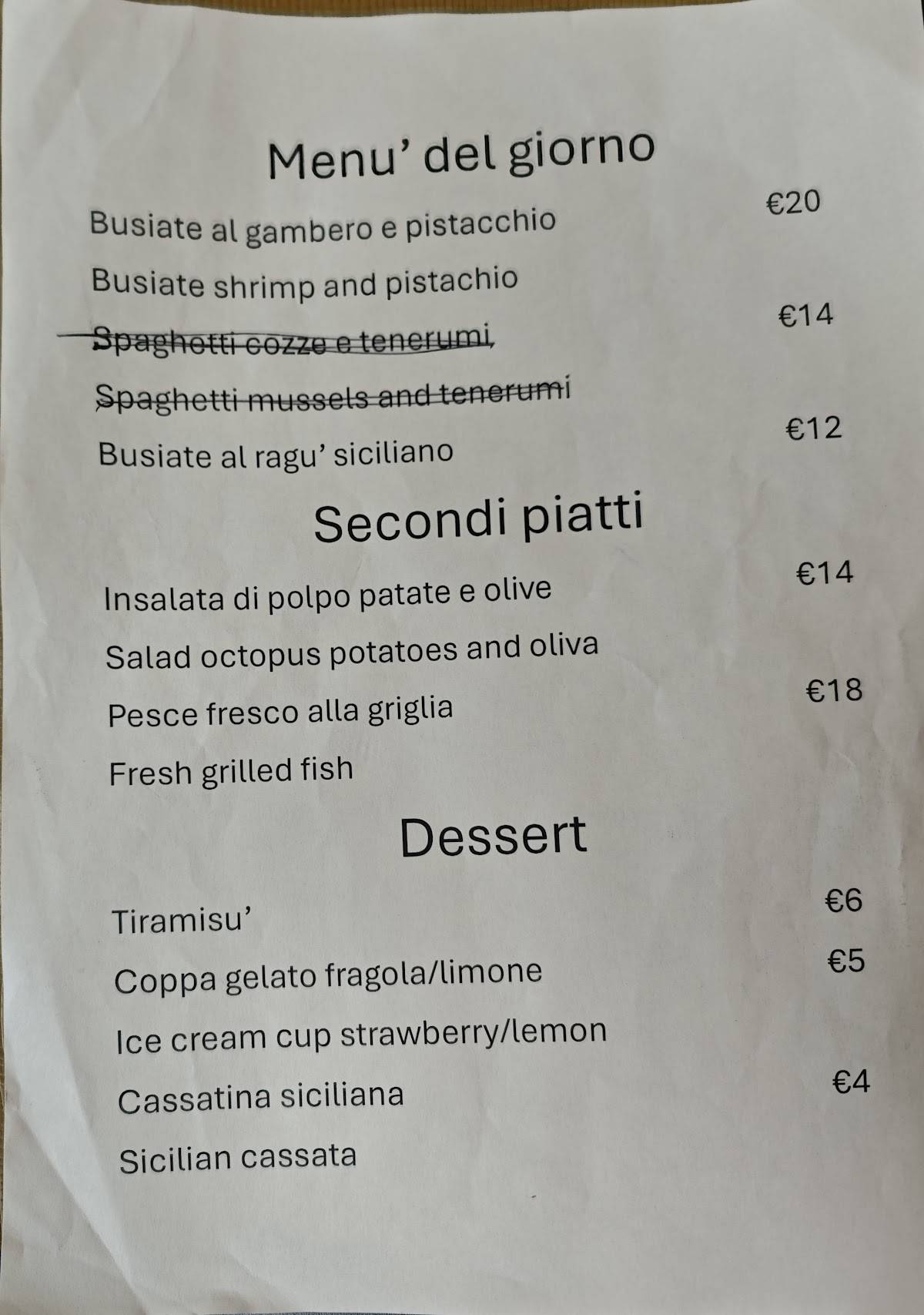 Menu di BALATA Sicilian Experience 