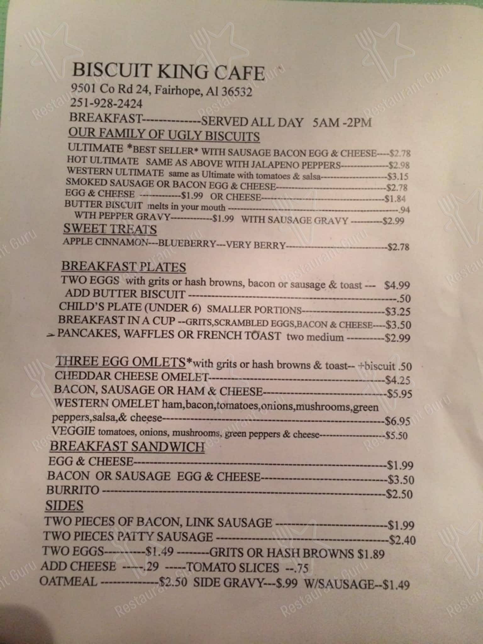 Menu at Biscuit King's Cafe, Fairhope, Co Rd 24