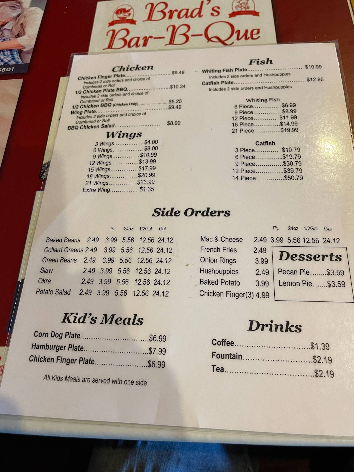 Menu at Brad's BarBQue, Oxford