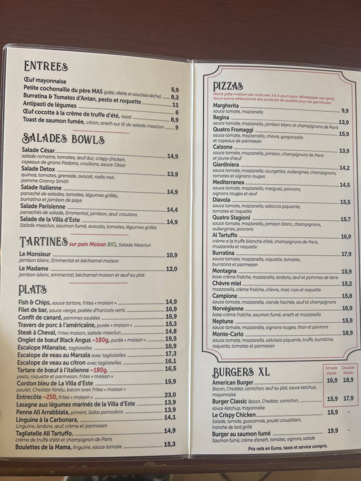Menu de La Villa d’Este