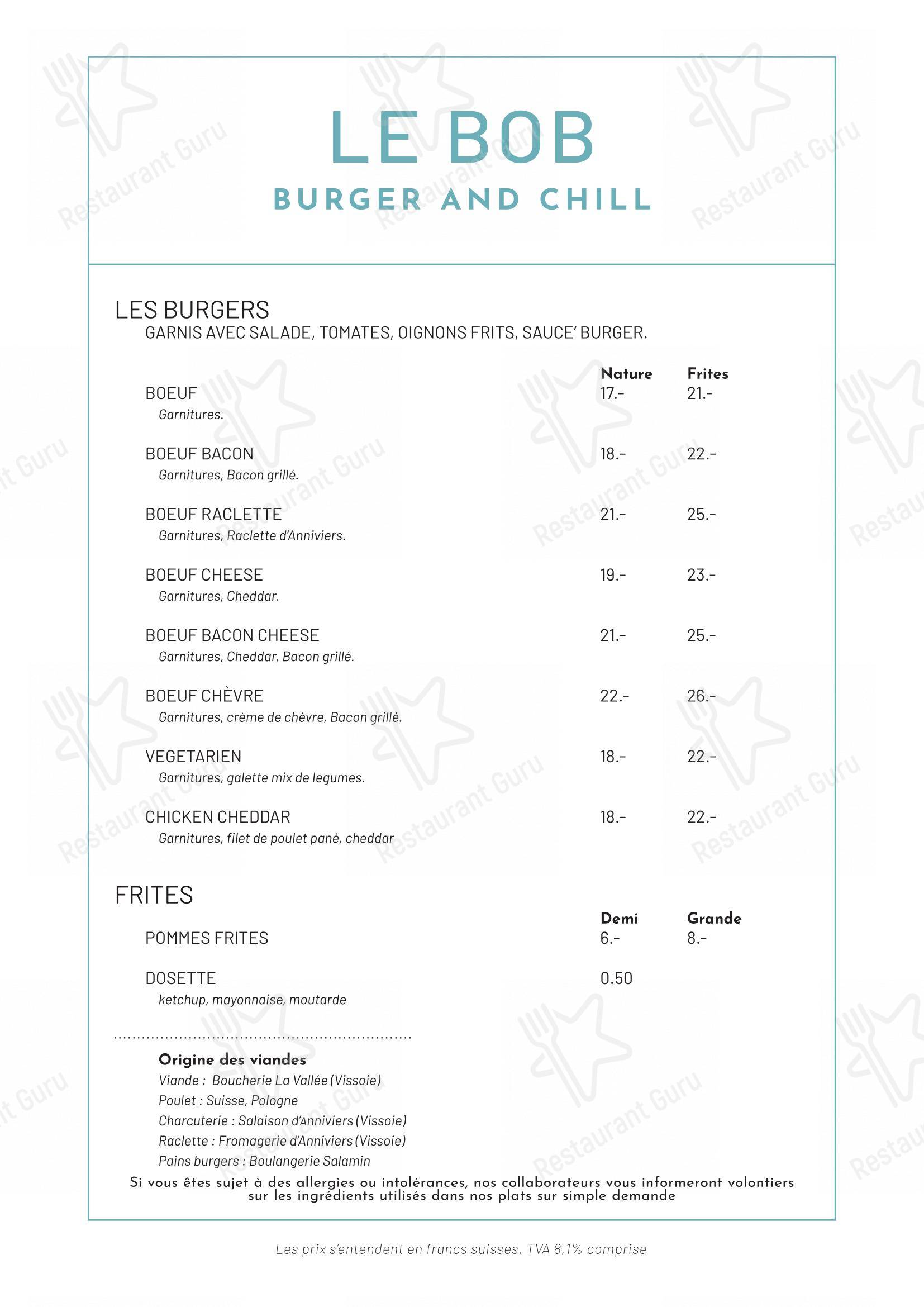 BOB - Buvette Orzival Burger in Grimentz - Menu