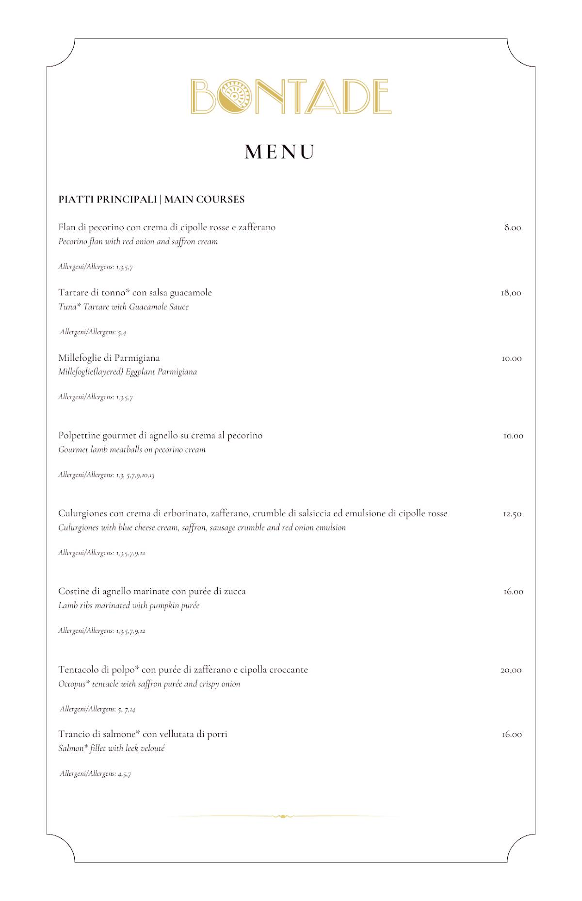 Menu di Bontade Cocktails Wines & Food Olbia 