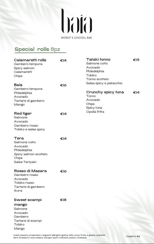 Menu di Baia Bistrot e Cocktail Bar 