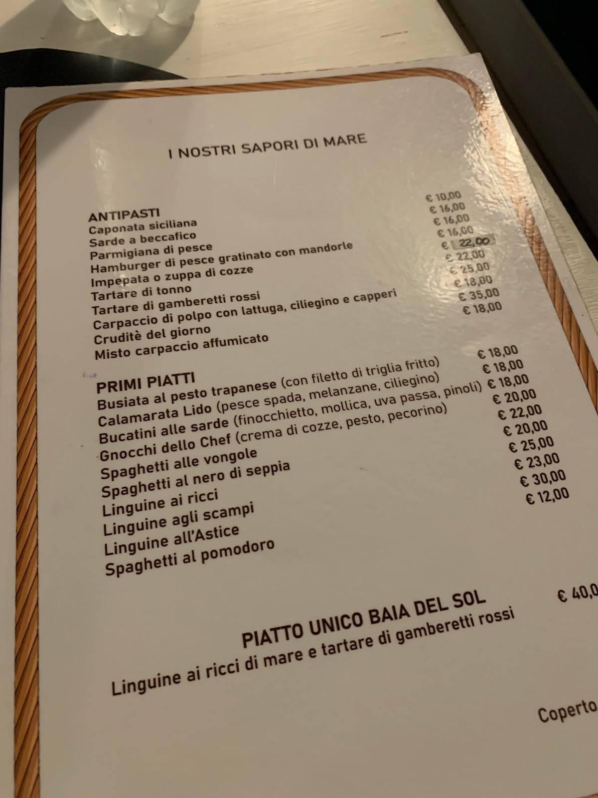 Menu di Baia del Sol 