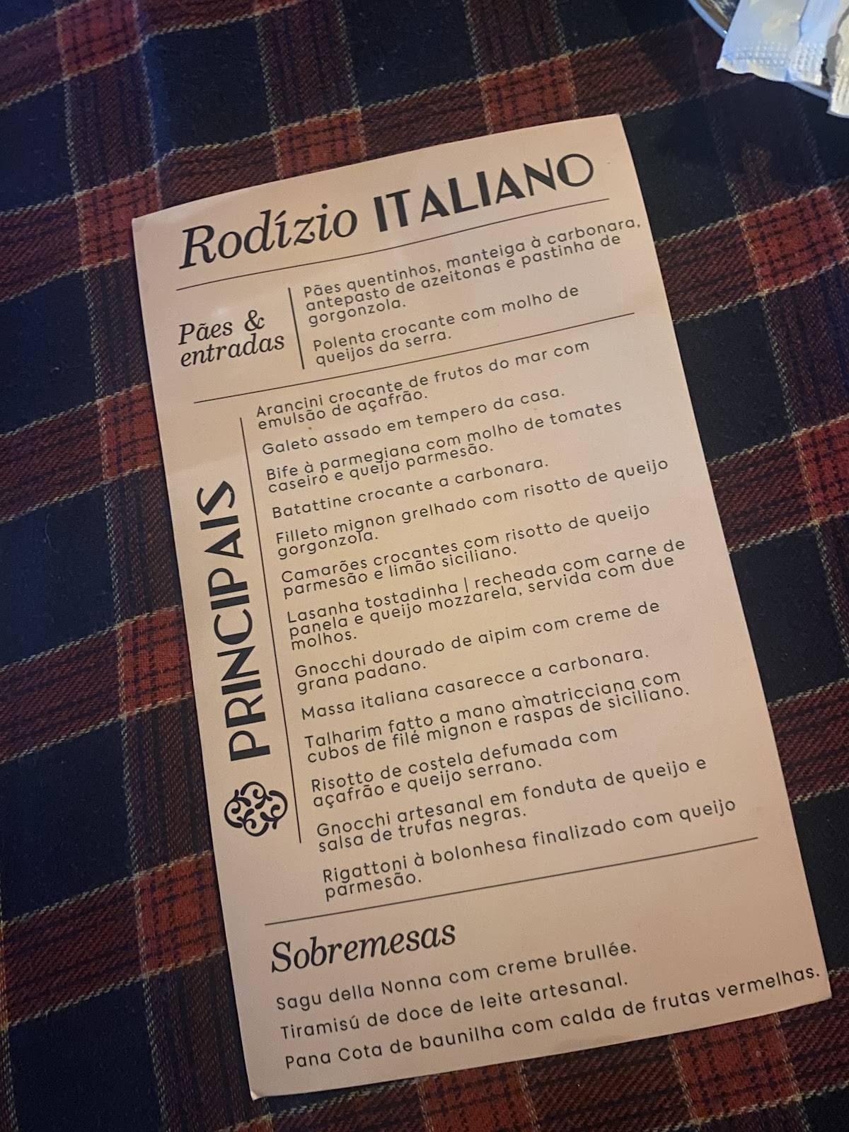 Casa Itália Rodízio Italiano cardápio