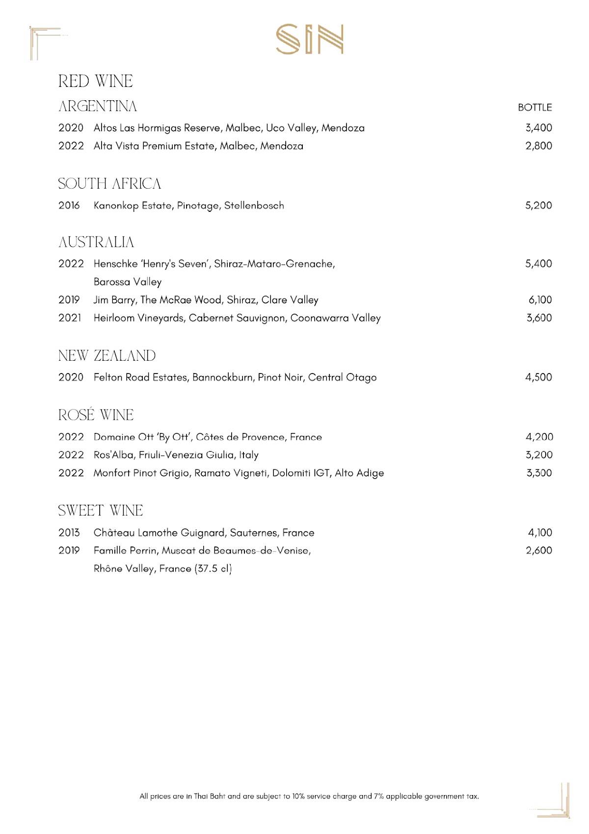 Menu at SIN Rooftop Bar Bangkok, Bangkok