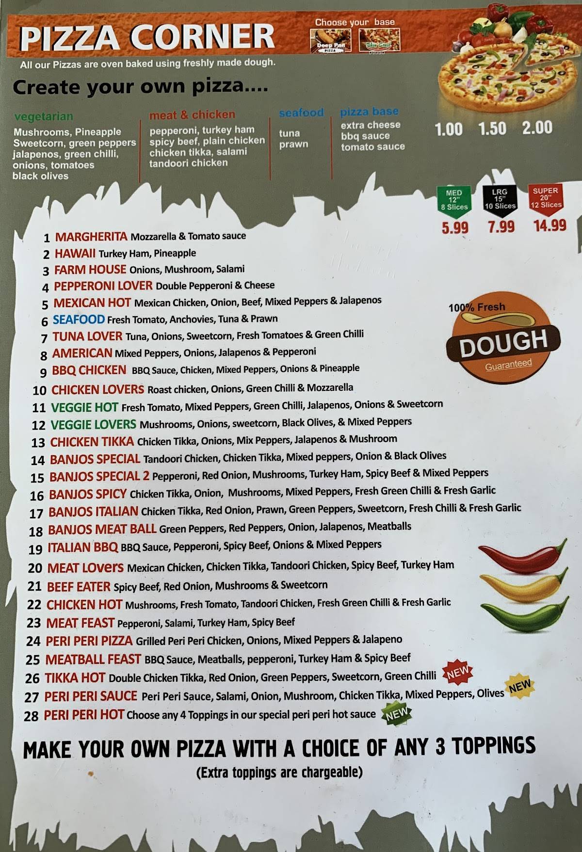 Menu at Banjo's pizzeria, London