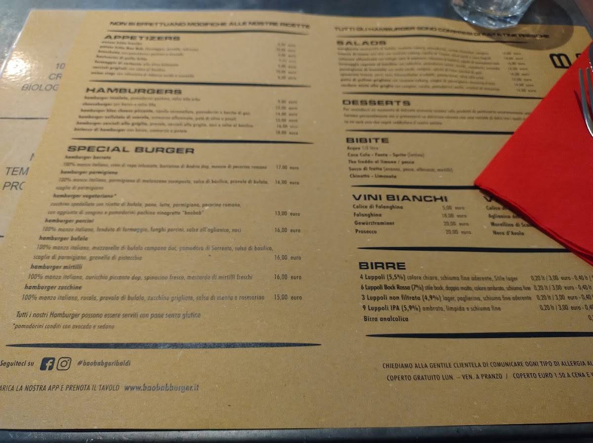 Menu di Baobab burger Garibaldi 