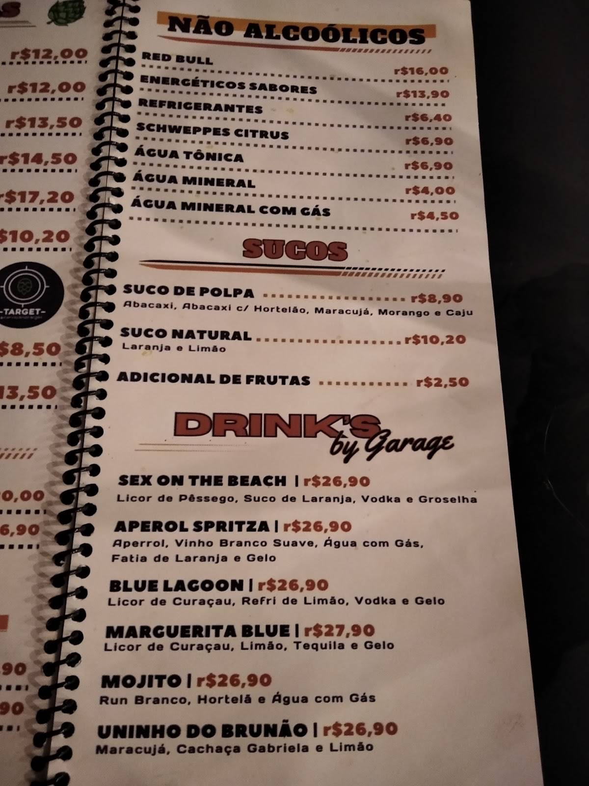 Bar Garage SP 60 cardápio