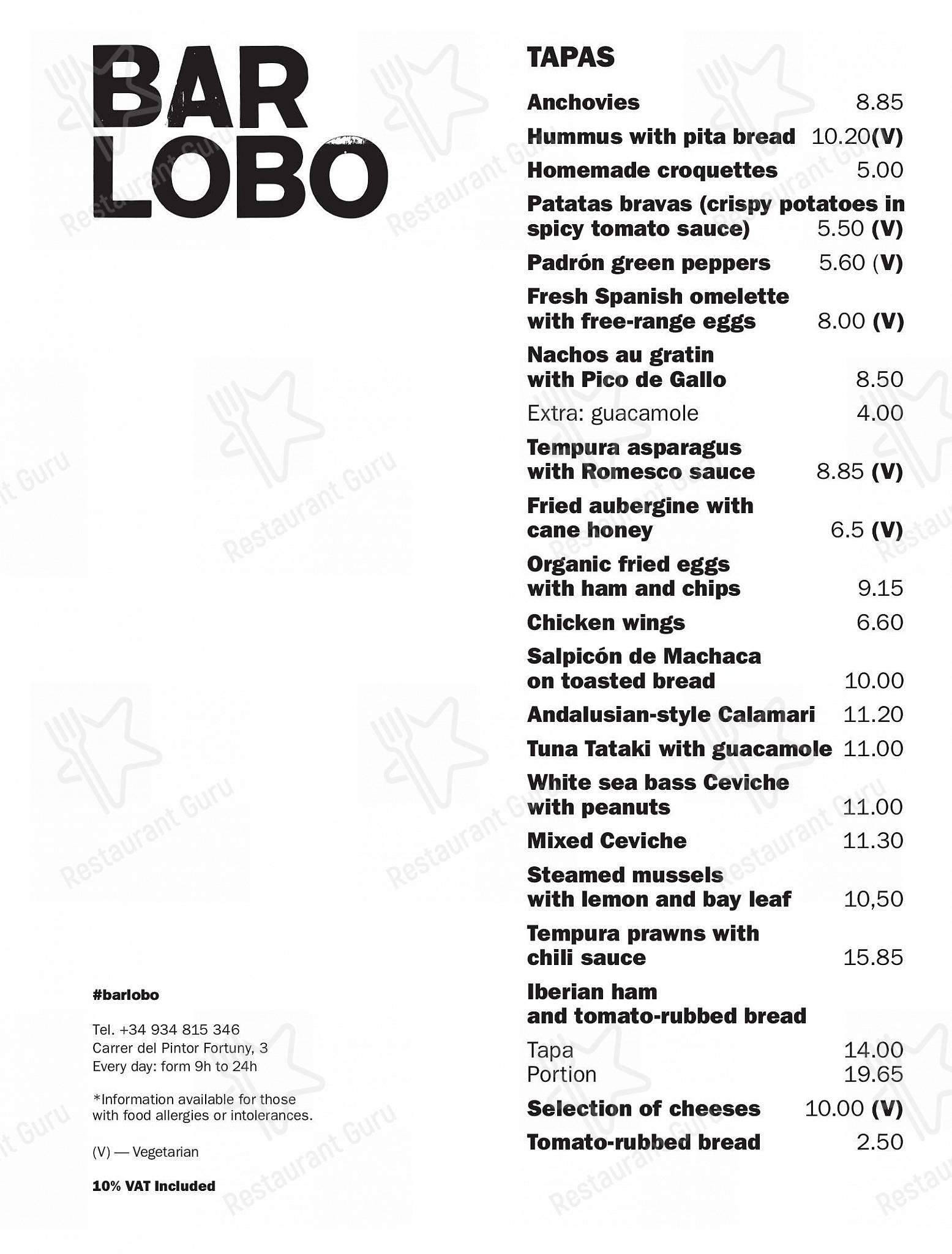 Меню Bar Lobo, Барселона