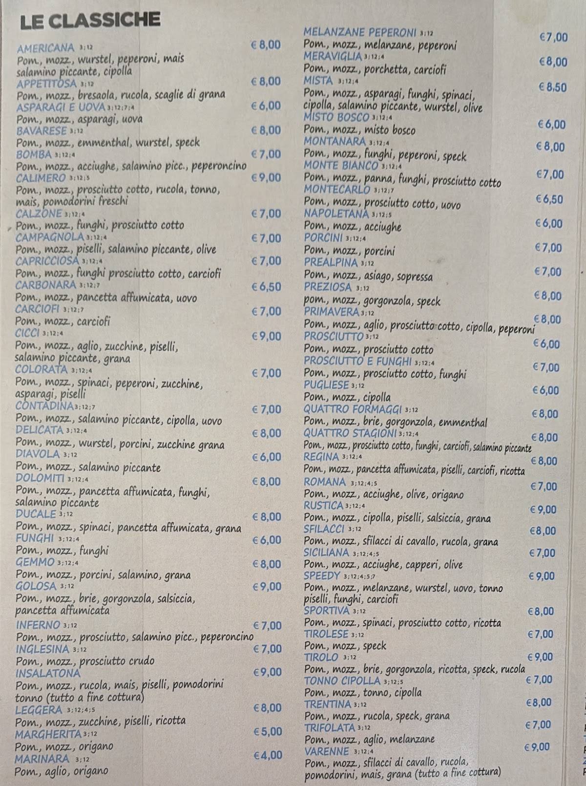 Menu di Bar Pizzeria Calimero 