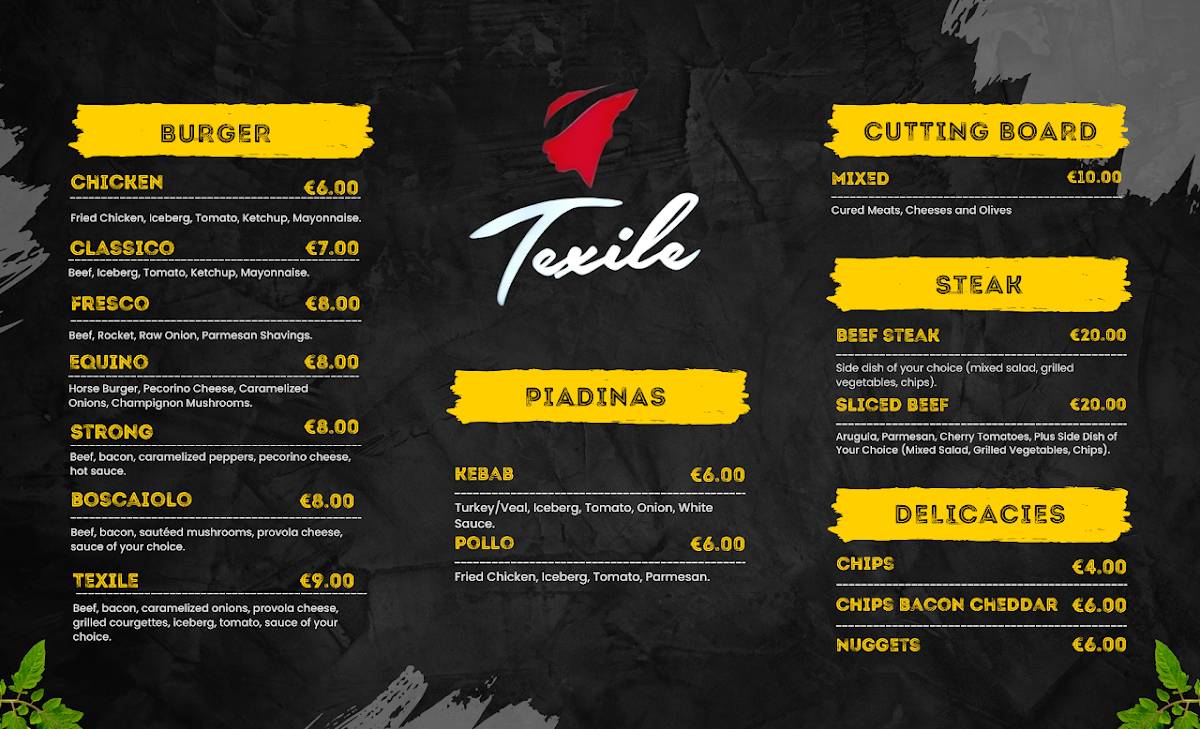 Menu di Bar pizzeria Texile 