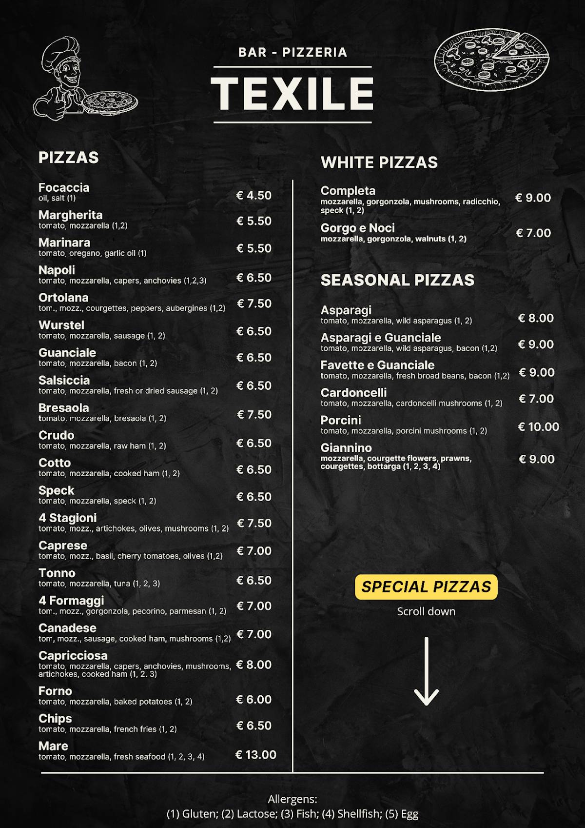Menu di Bar pizzeria Texile 