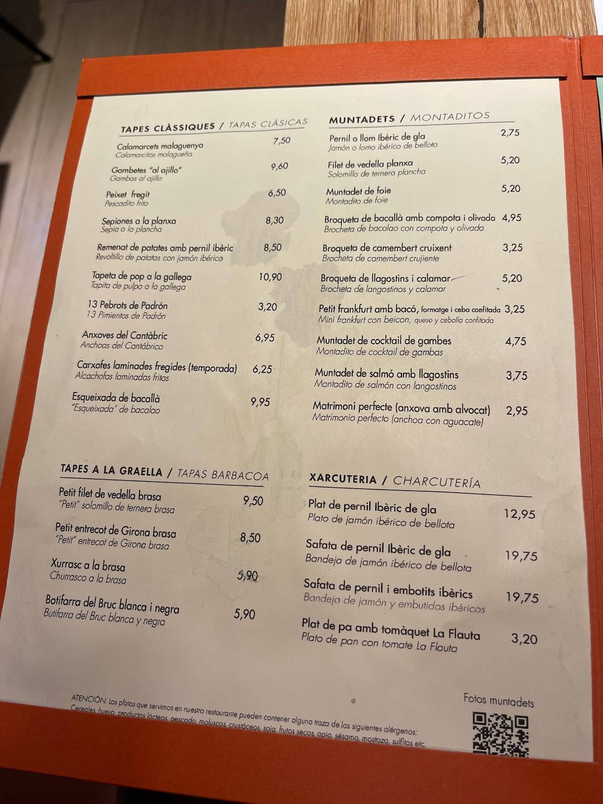 Carta del pub y bar La Flauta Rambla, Barcelona, Rambla del Catalunya
