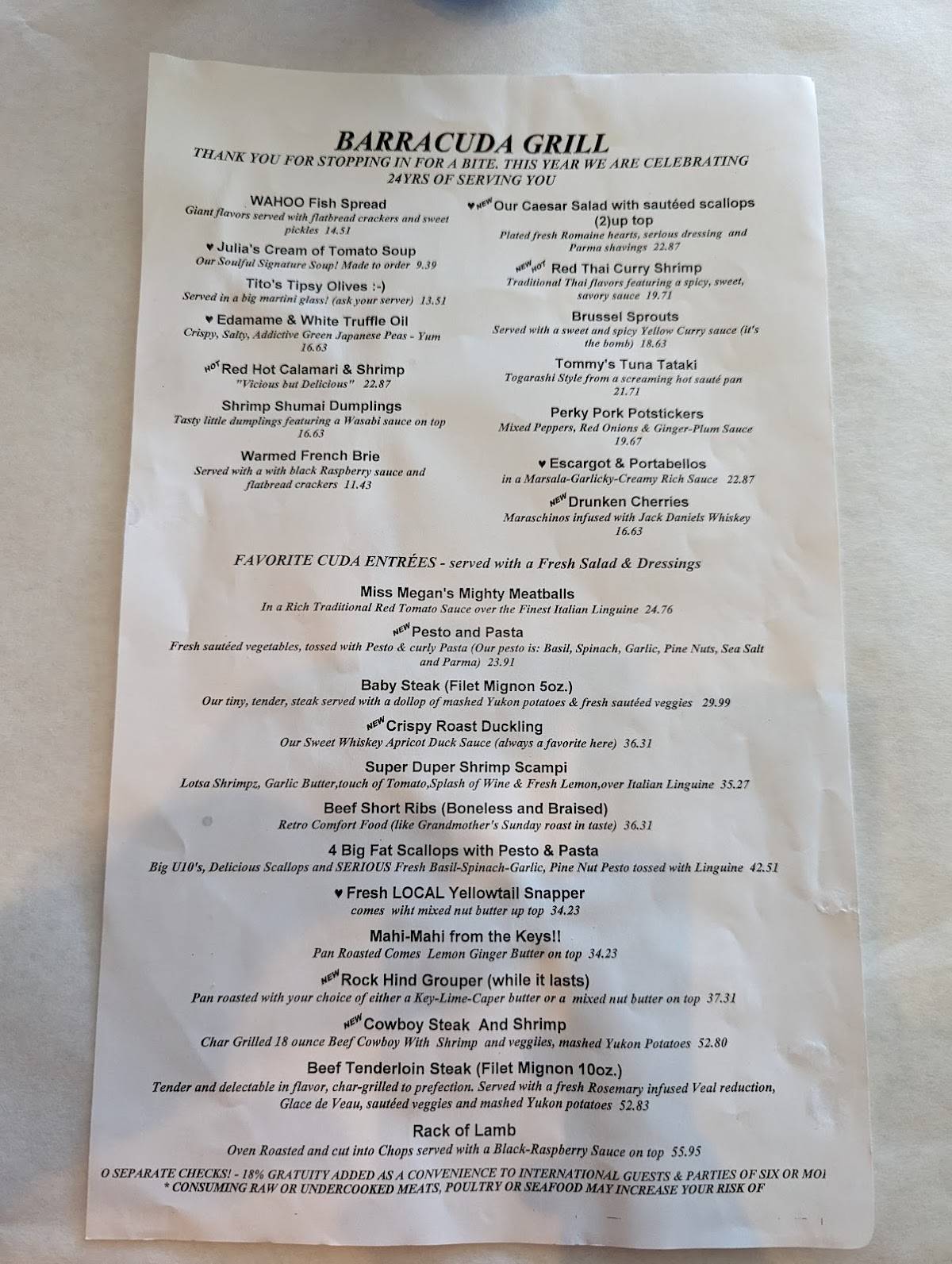 Menu at Barracuda Grill, Marathon
