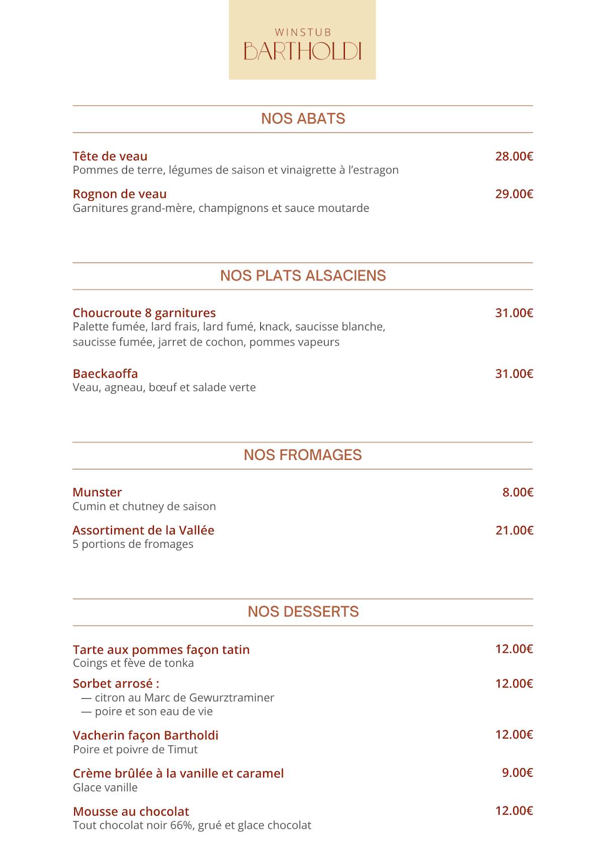 Menu de Restaurant Bartholdi