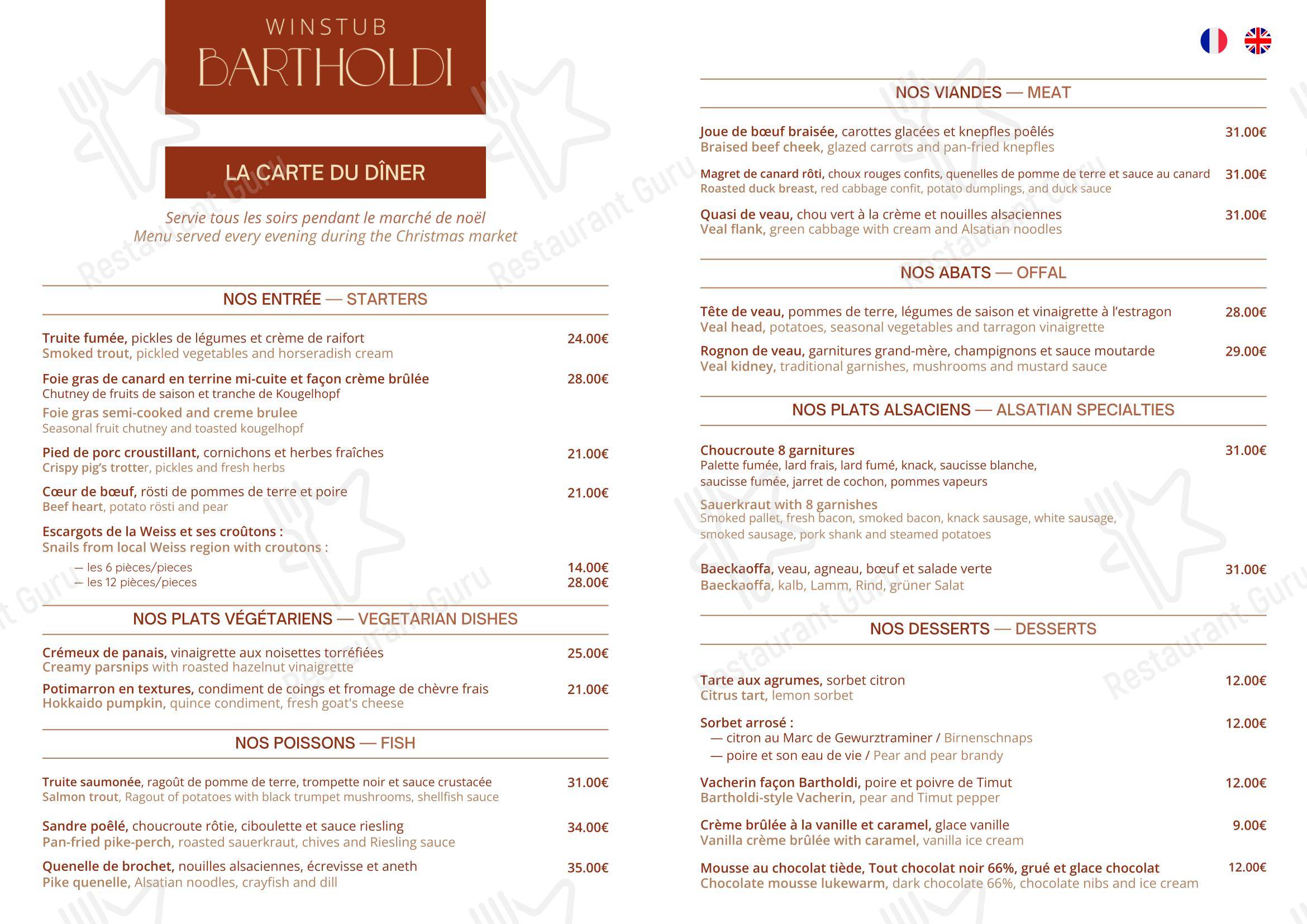 Menu pour Restaurant Bartholdi restaurant