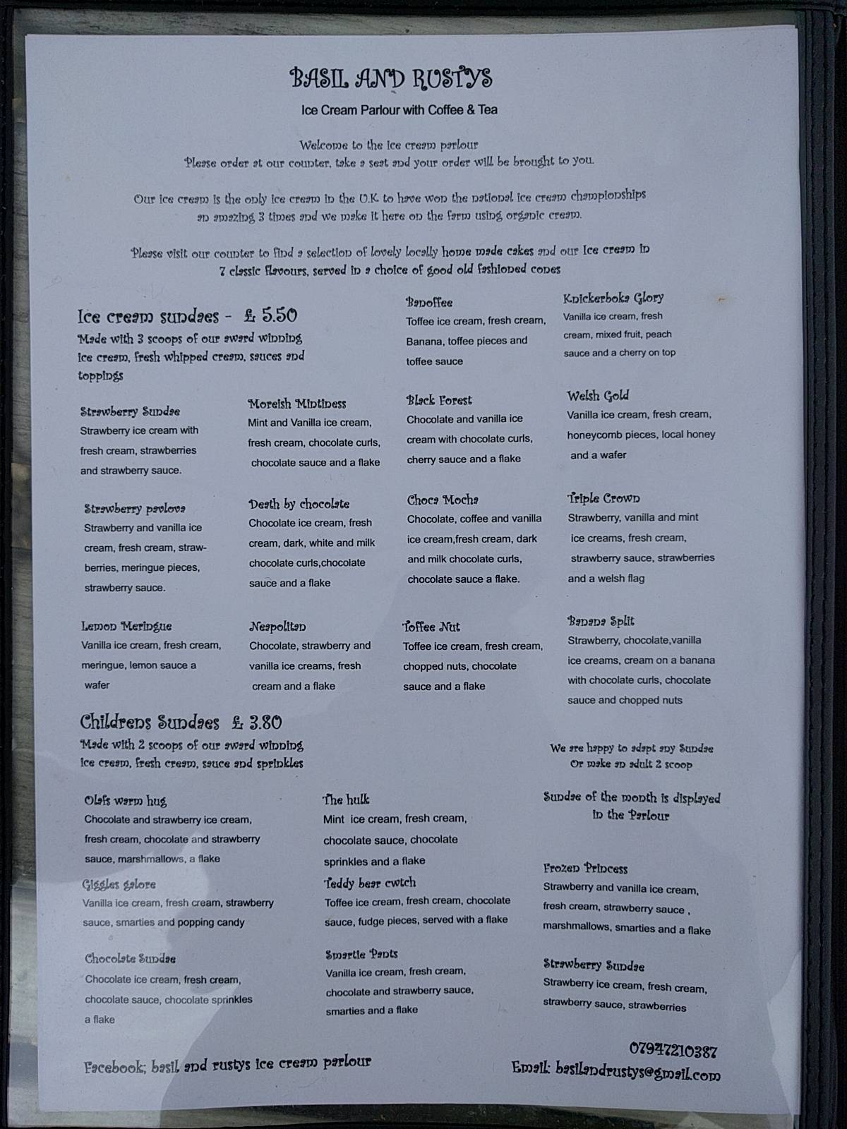 Menu at Basil & Rusty's Ice Cream Parlour restaurant, Machen