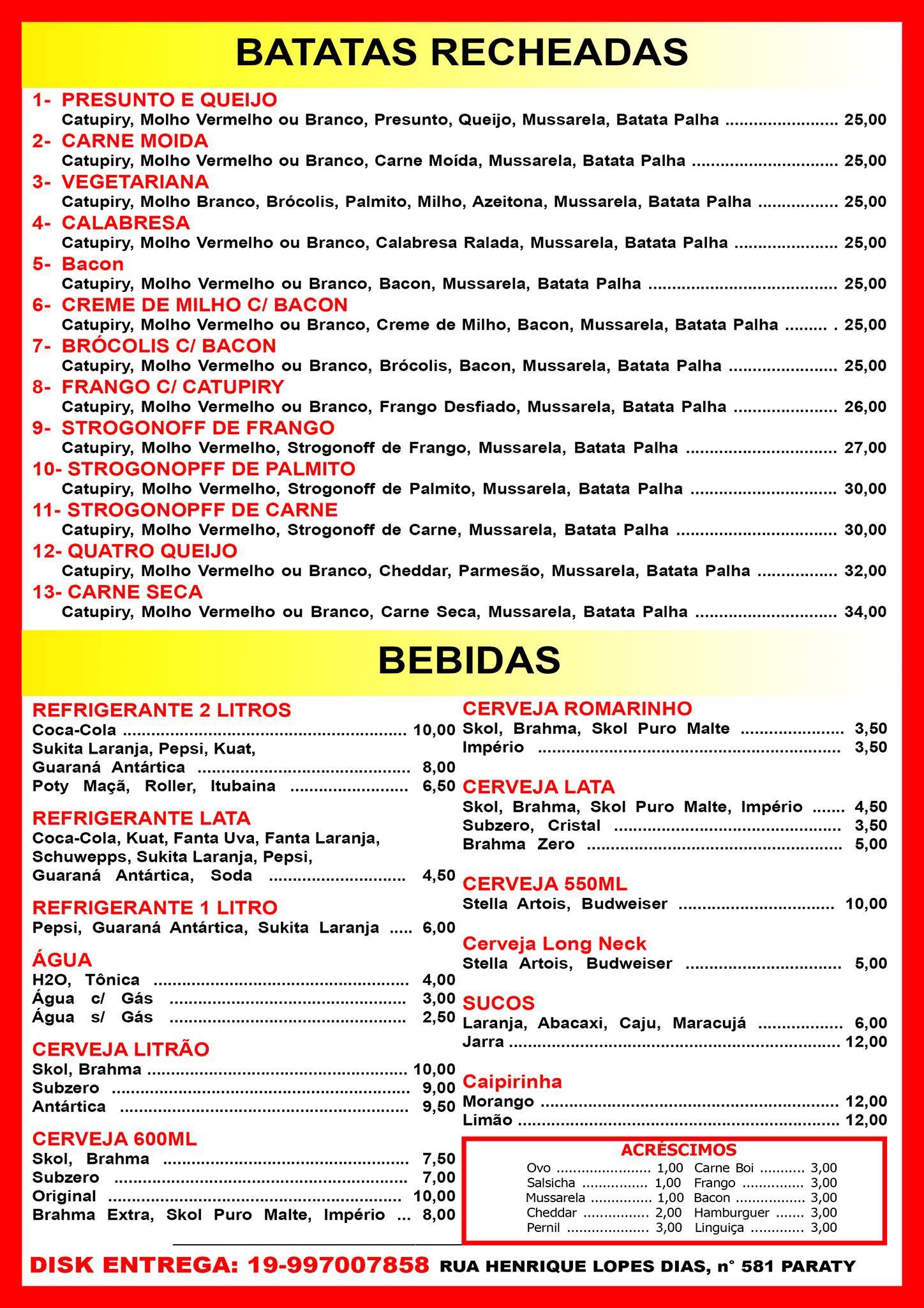 Batatinhas Lanches cardápio