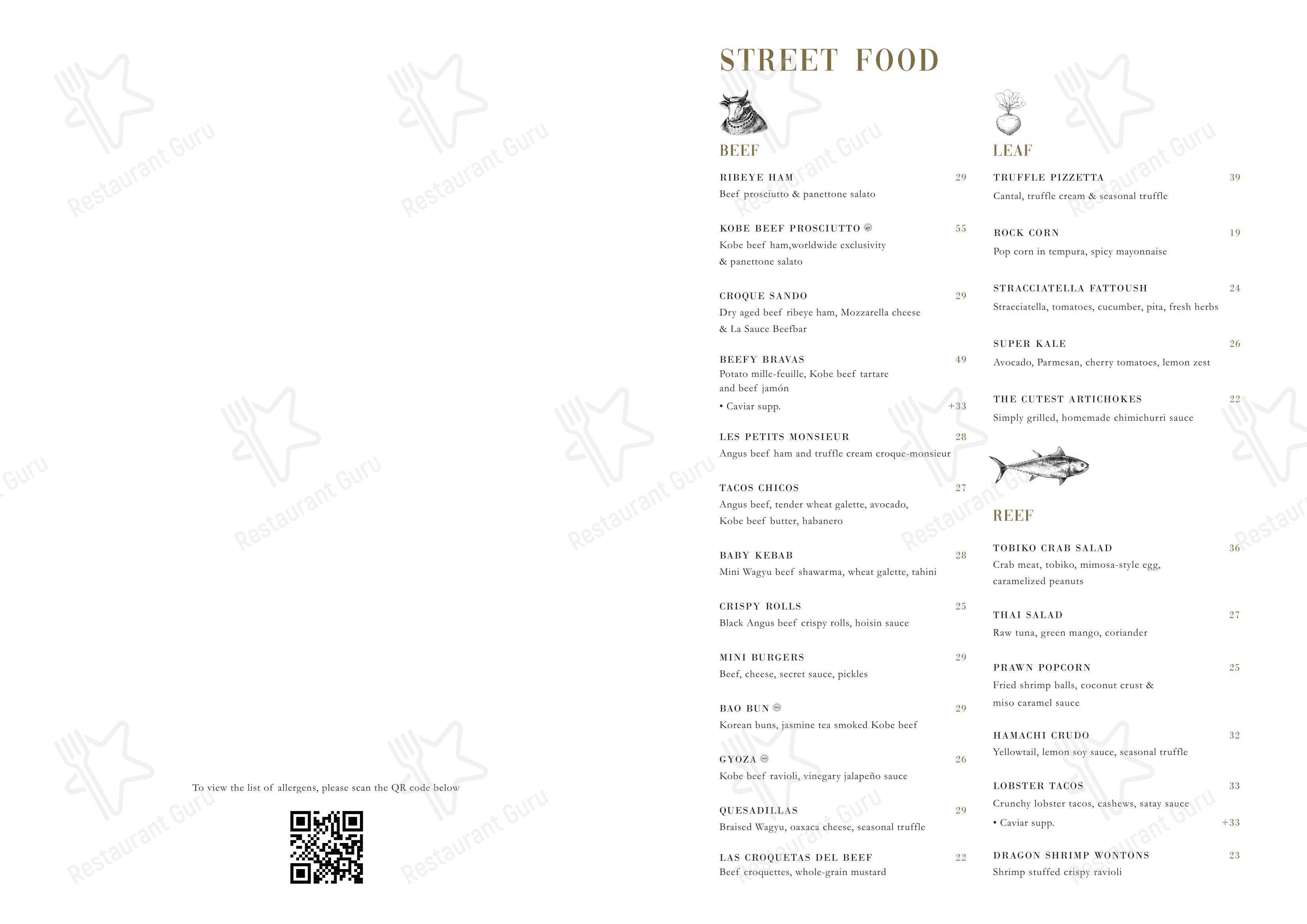 Menu pour Beefbar Paris - Menu bar
