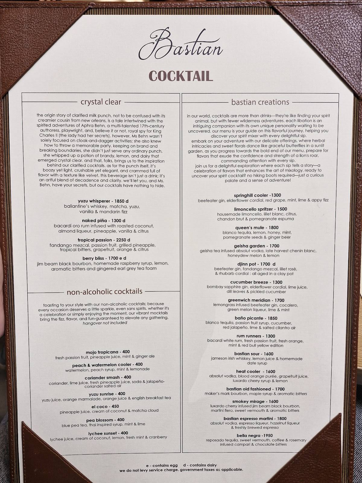 Bastian Garden City menu