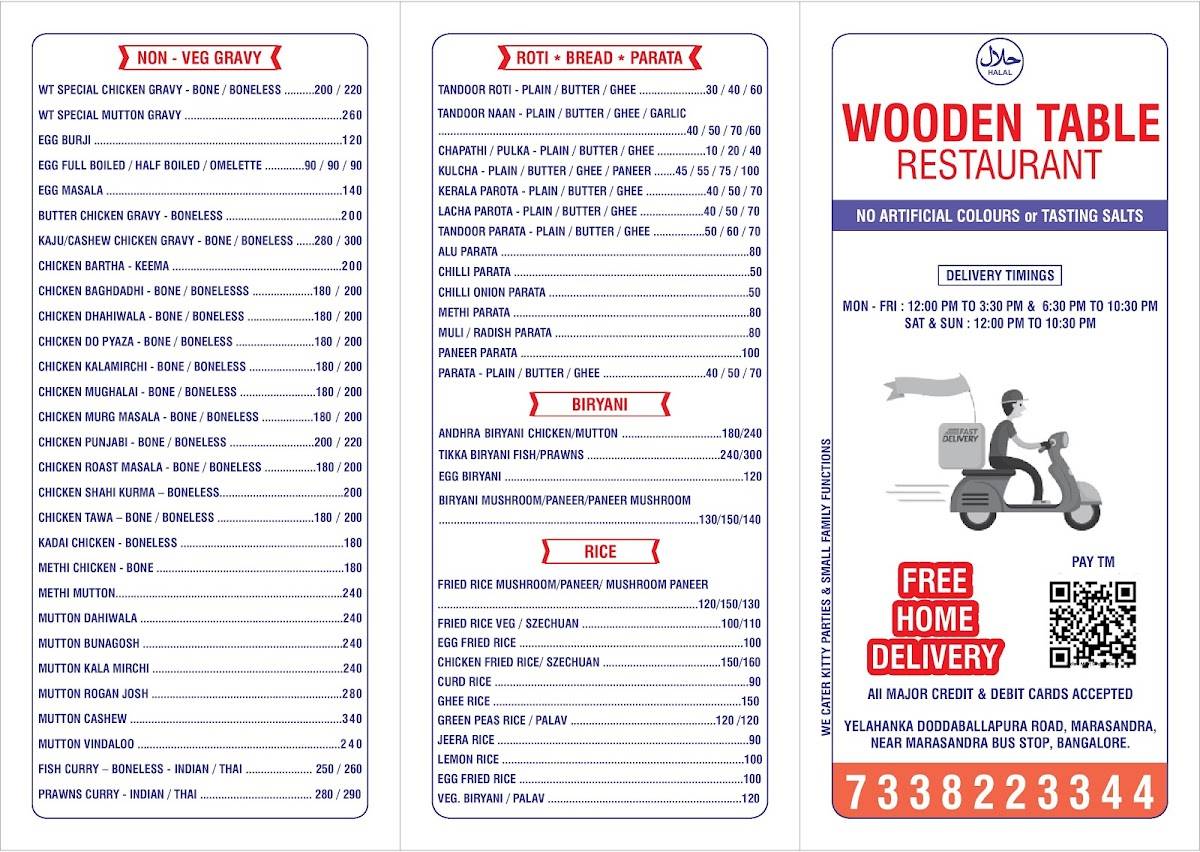 Wooden Table Restaurant menu