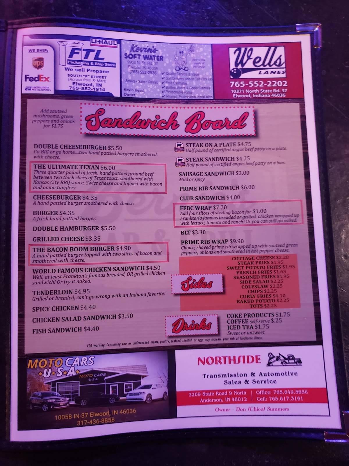 Menu at Bernie's Bar, Frankton