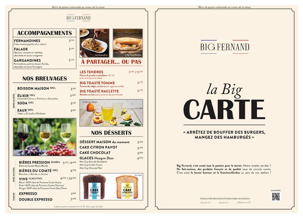 Menu de Big Fernand Nice