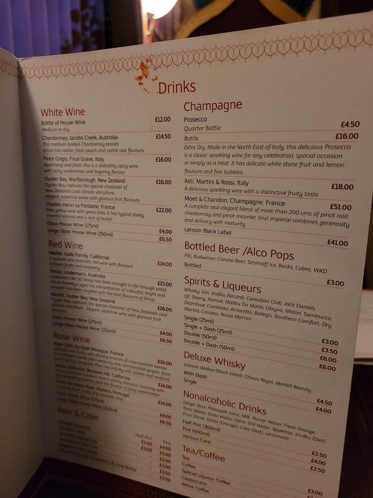 Menu at Delhi Darbar, Glasgow