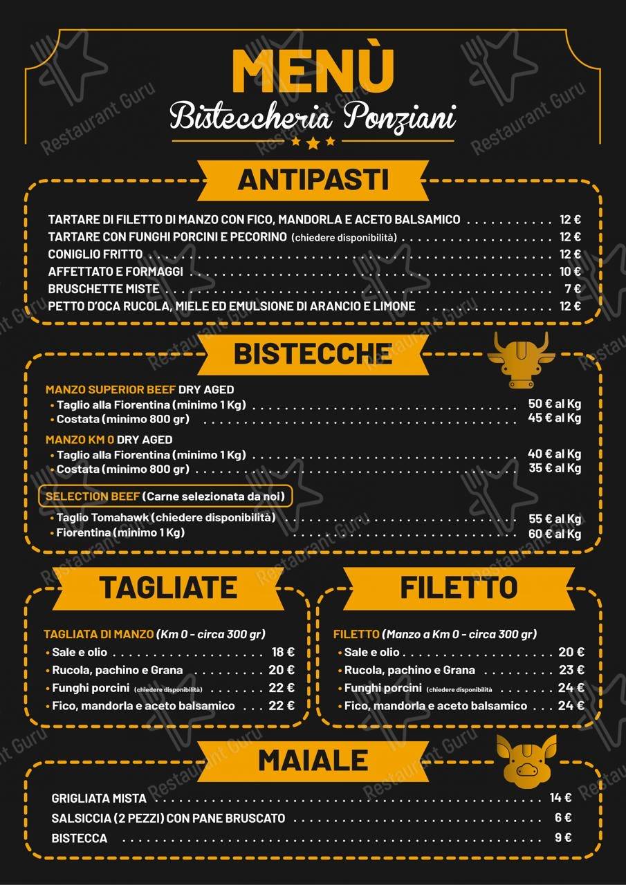 Menu di Bisteccheria Ponziani - piatti e bevande