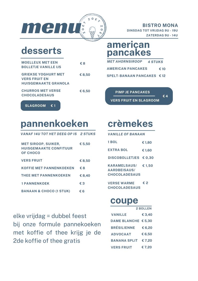 Menu de Bistro Mona Putte
