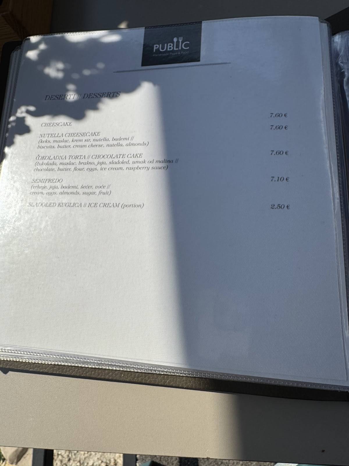 Menu di Bistro & Pizzeria Public Mandre 