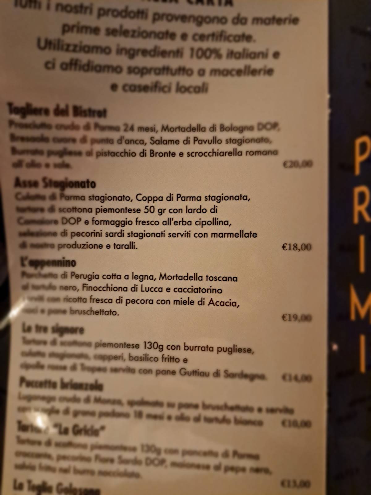 Menu di Bistrot Italiani 