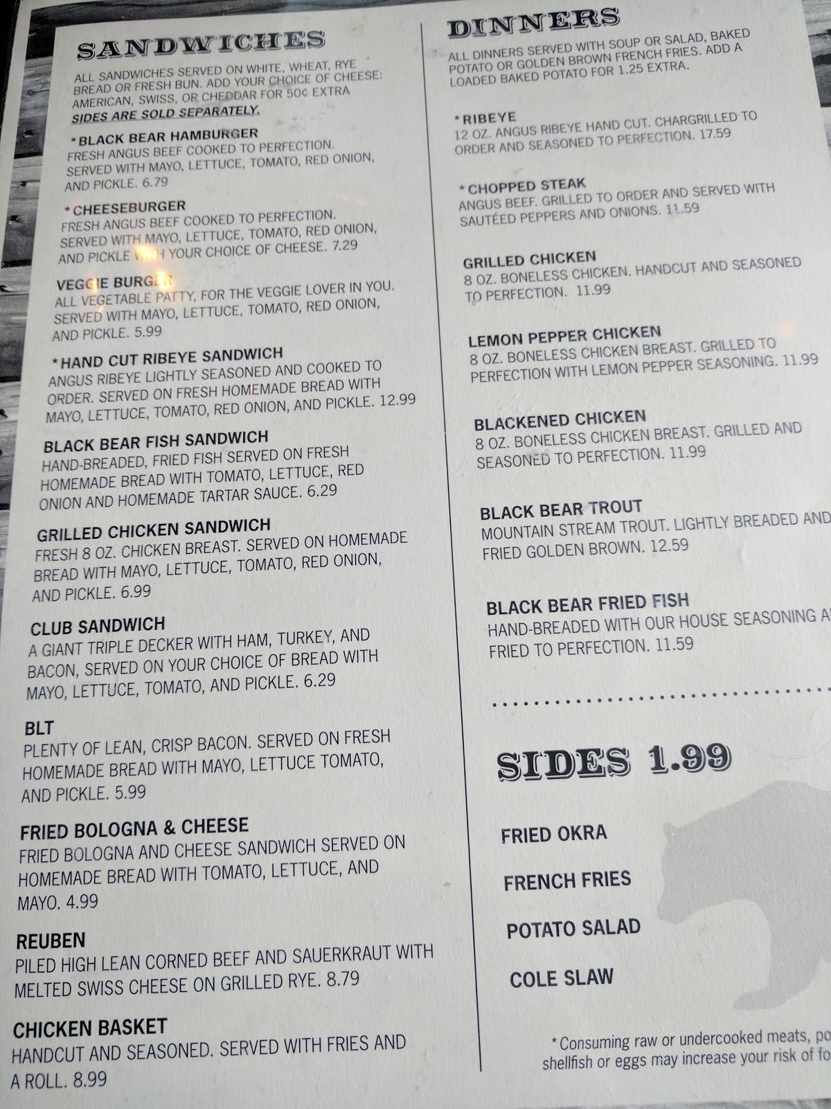 Menu at Black Bear Cafe, Townsend, E Lamar Alexander Pkwy