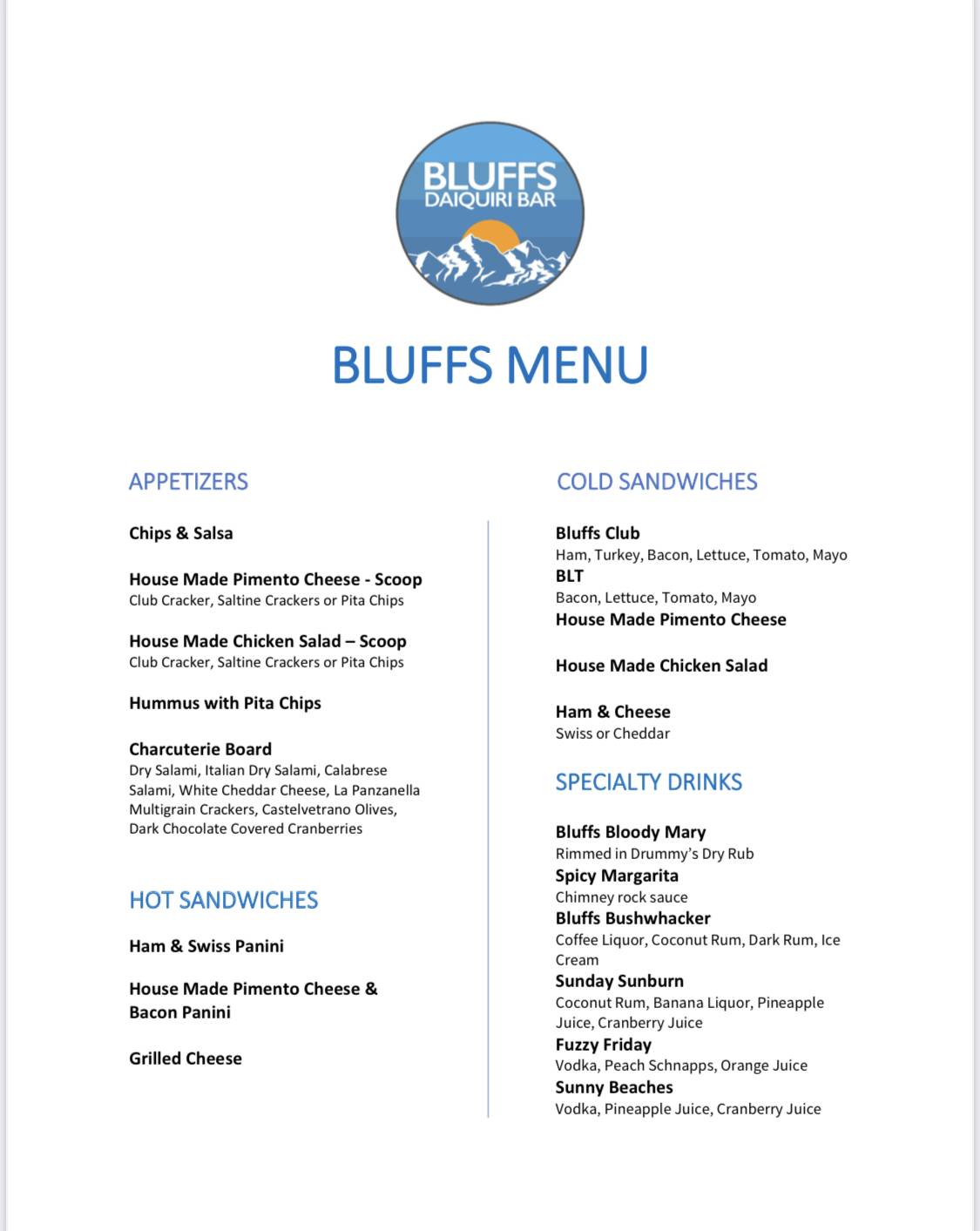 Menu at Bluffs Daiquiri Bar, USA