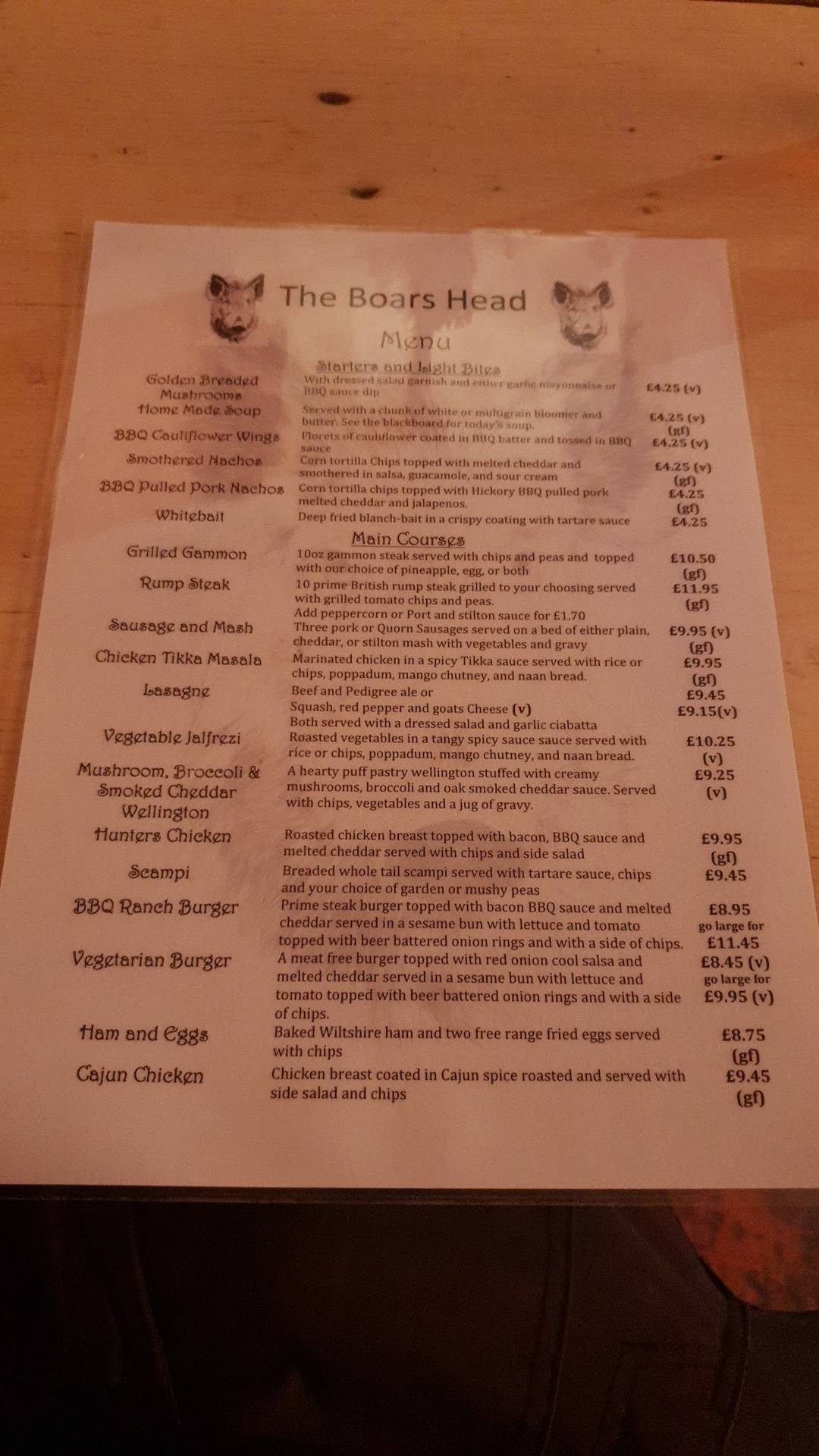 Menu at Boar's Head, Aust pub & bar, Bristol, Main Road