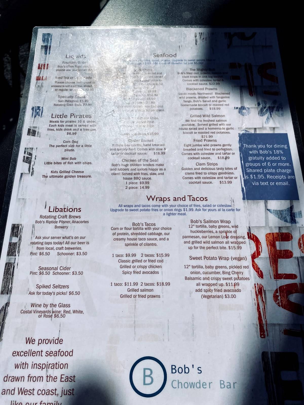 Menu at Bob's Chowder Bar & BBQ Salmon, Anacortes