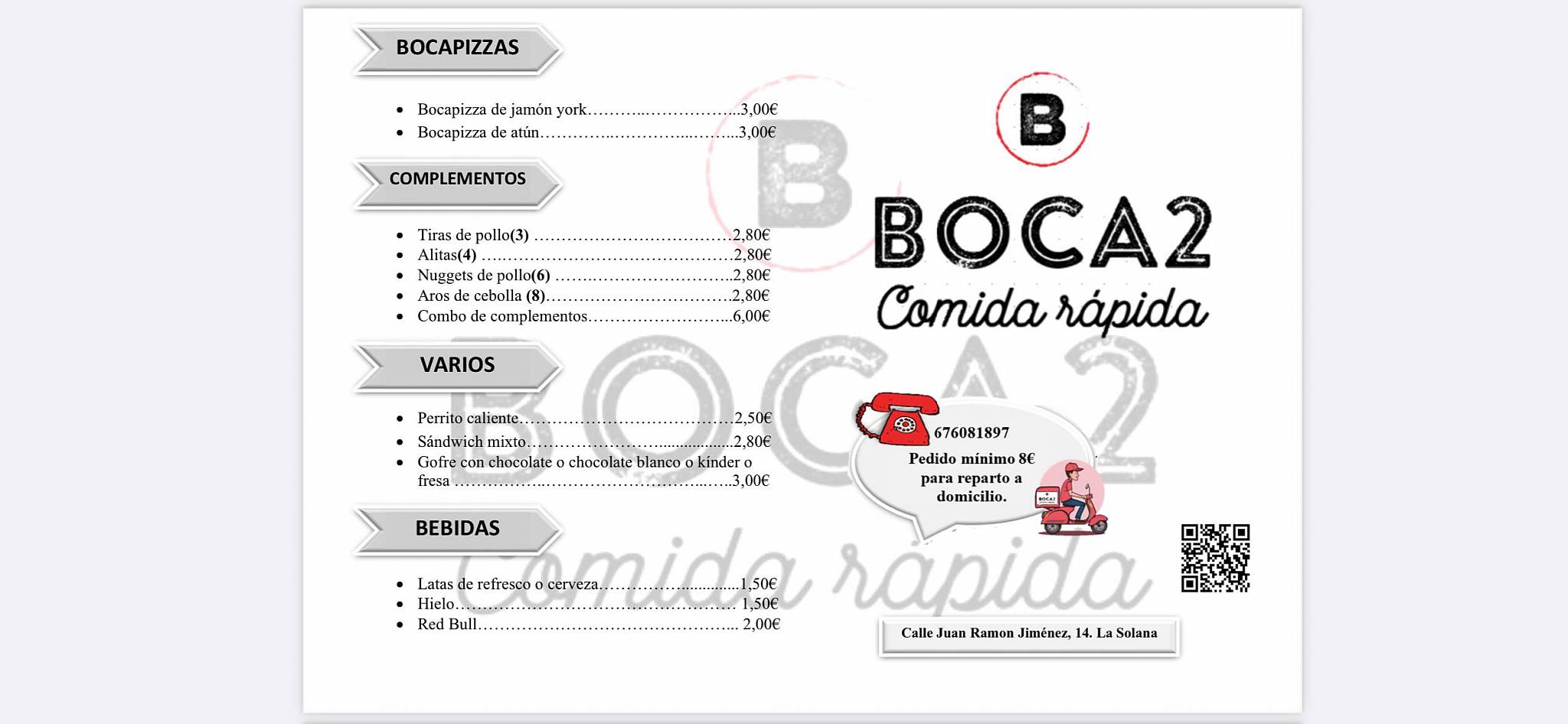 Carta del restaurante Boca2 La Solana, La Solana