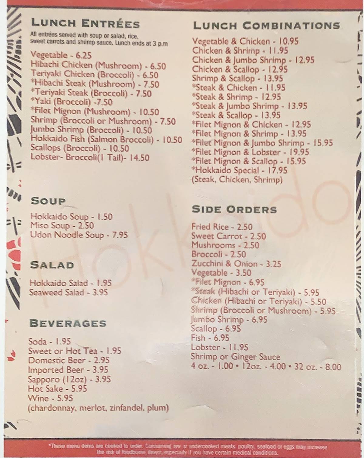 Menu at Hokkaido Restaurant, Boone
