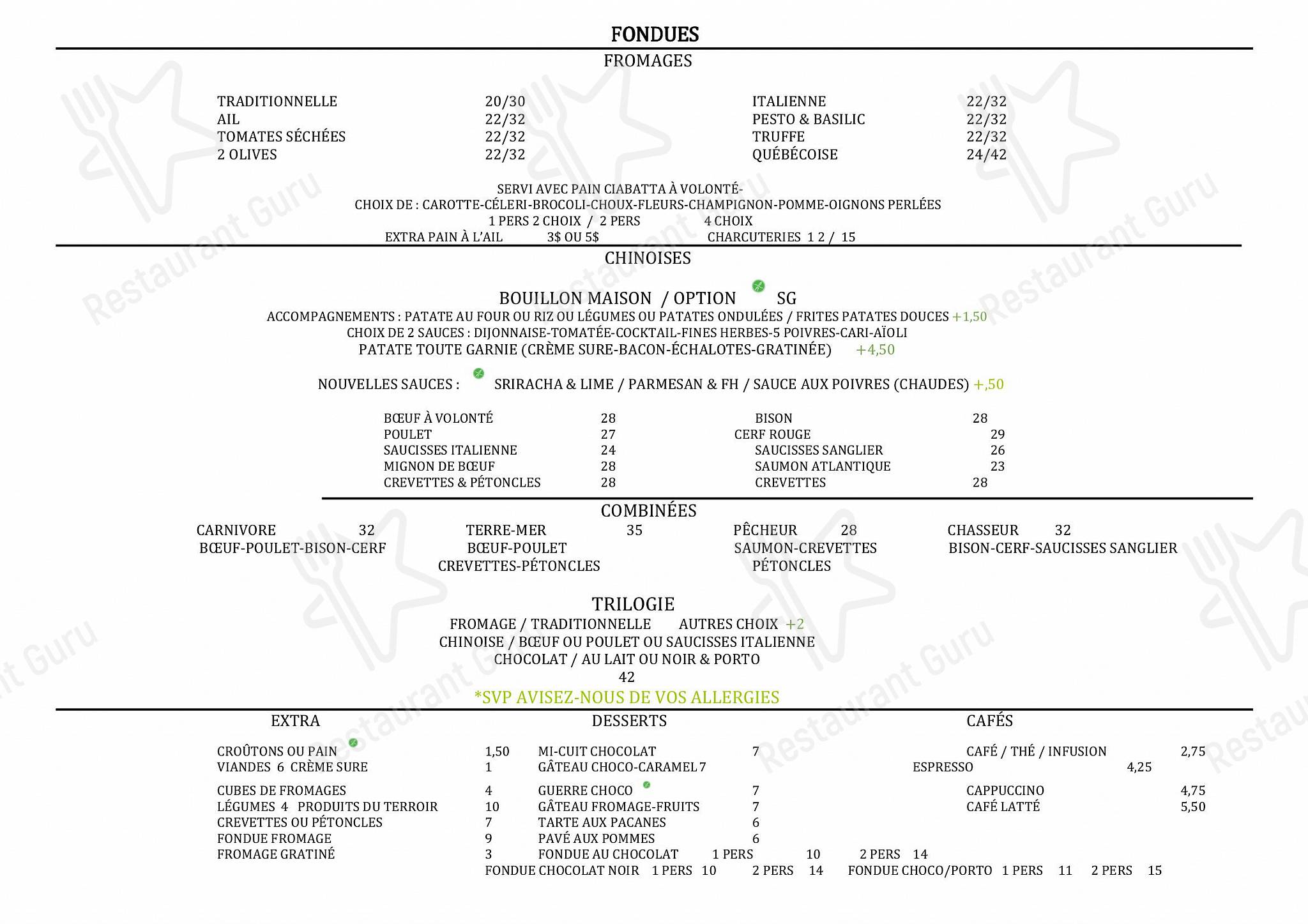 Menu au Bouillon restaurant, Lachute