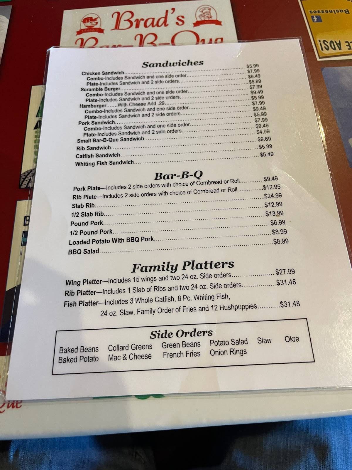 Menu at Brad's BarBQue, Oxford