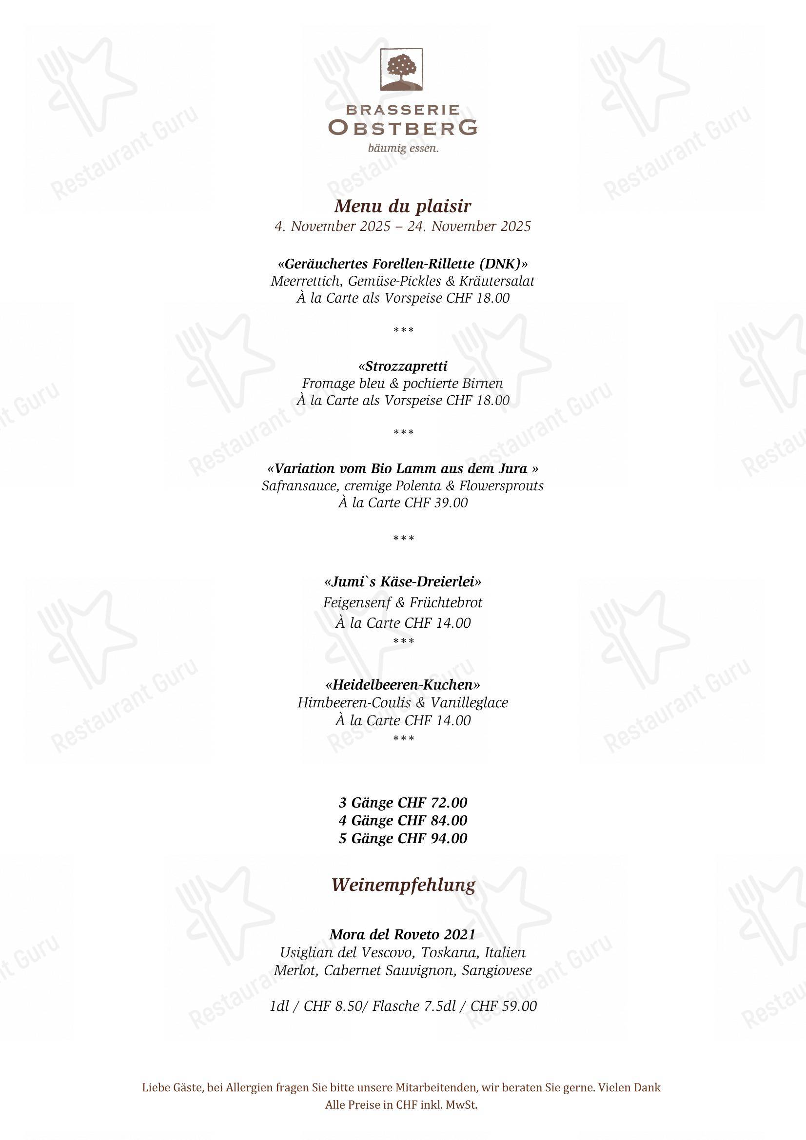 Brasserie Obstberg in Berna - Menu bar
