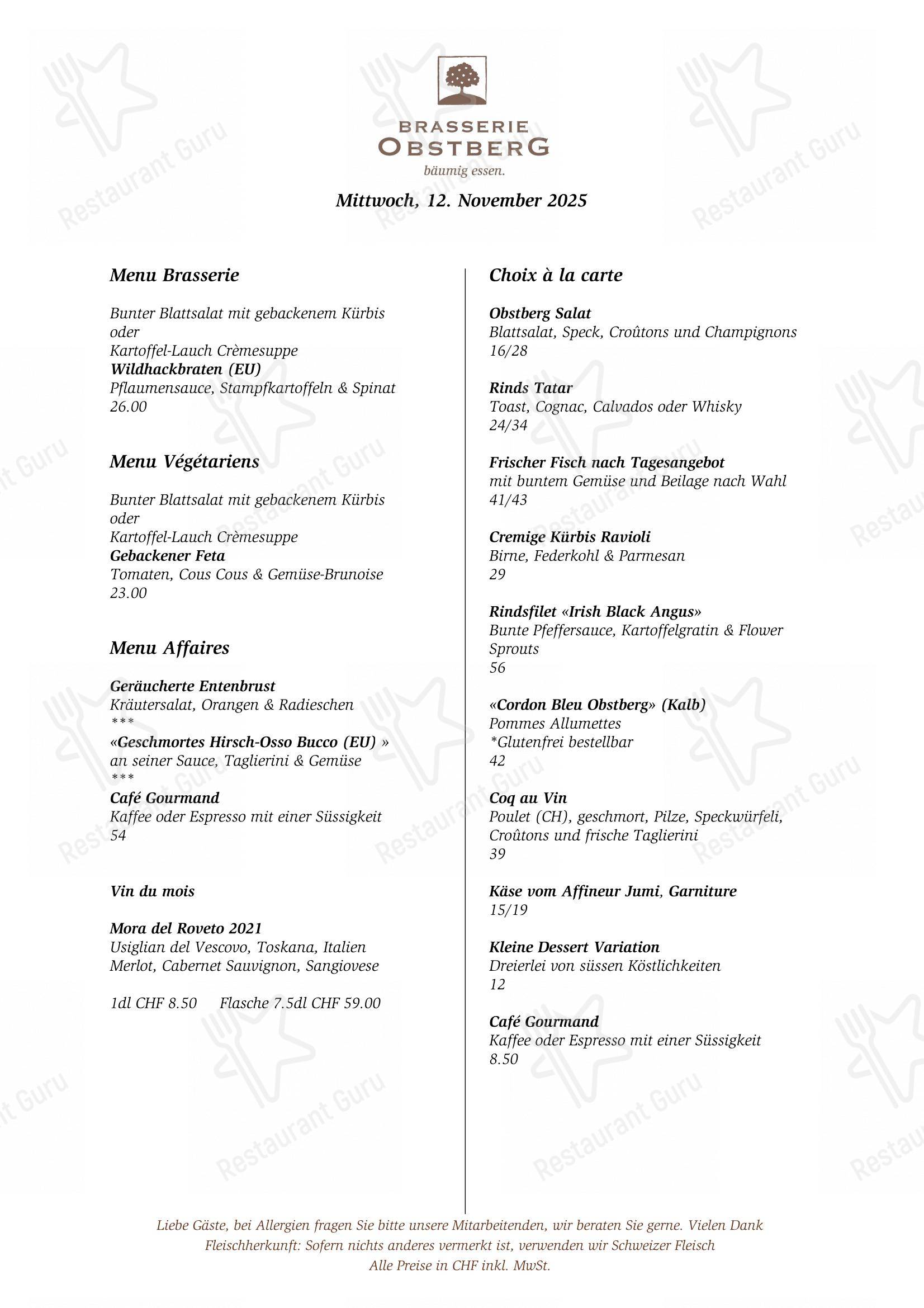 Menu per Brasserie Obstberg ristorante