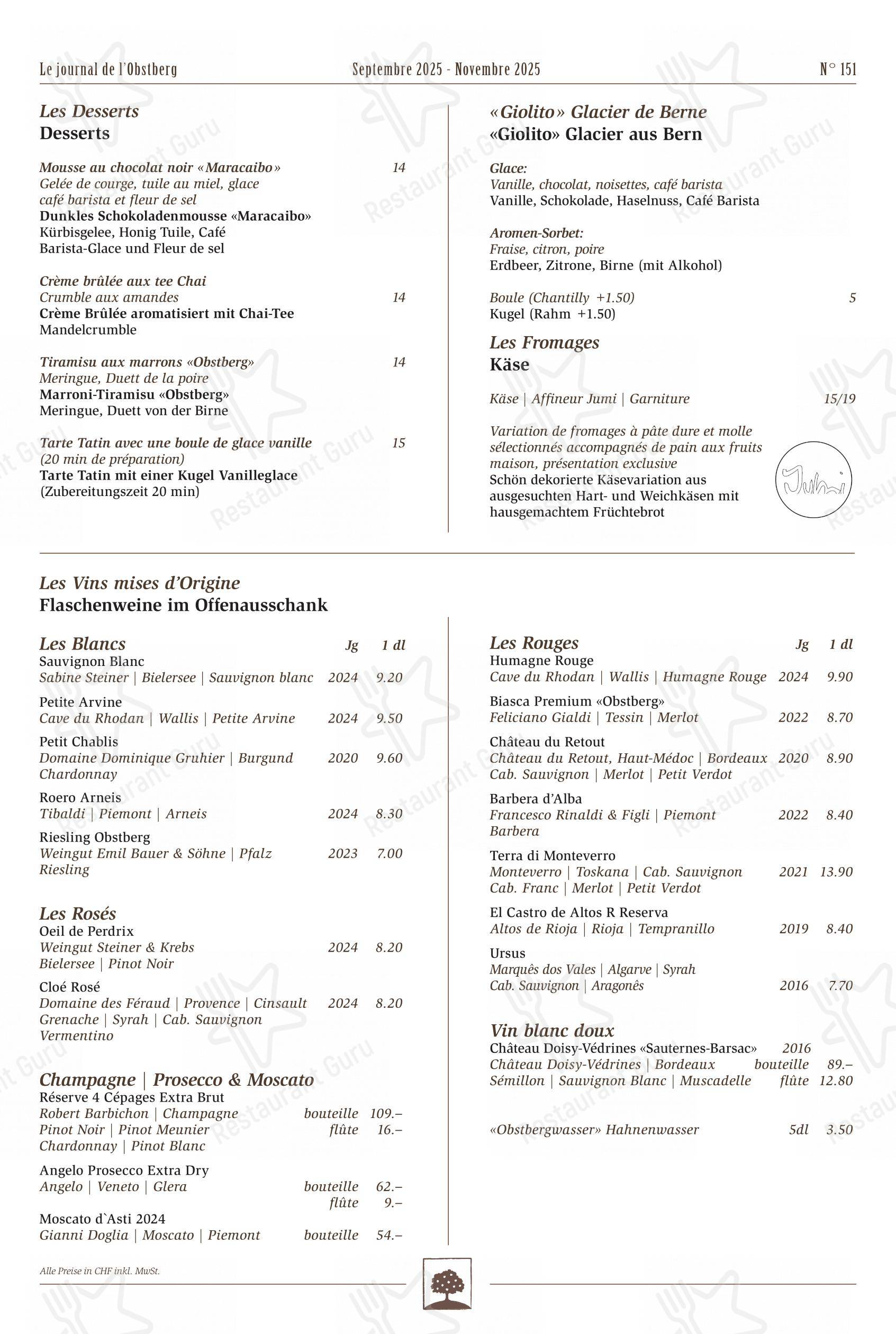 Brasserie Obstberg in Berna - 菜单