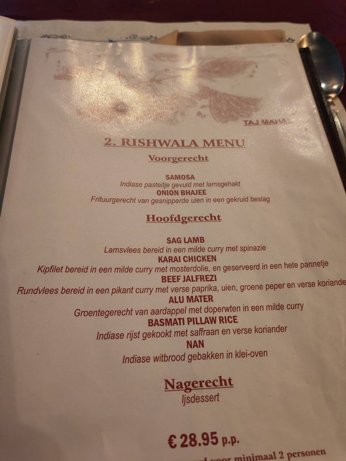 Menu de Taj Mahal